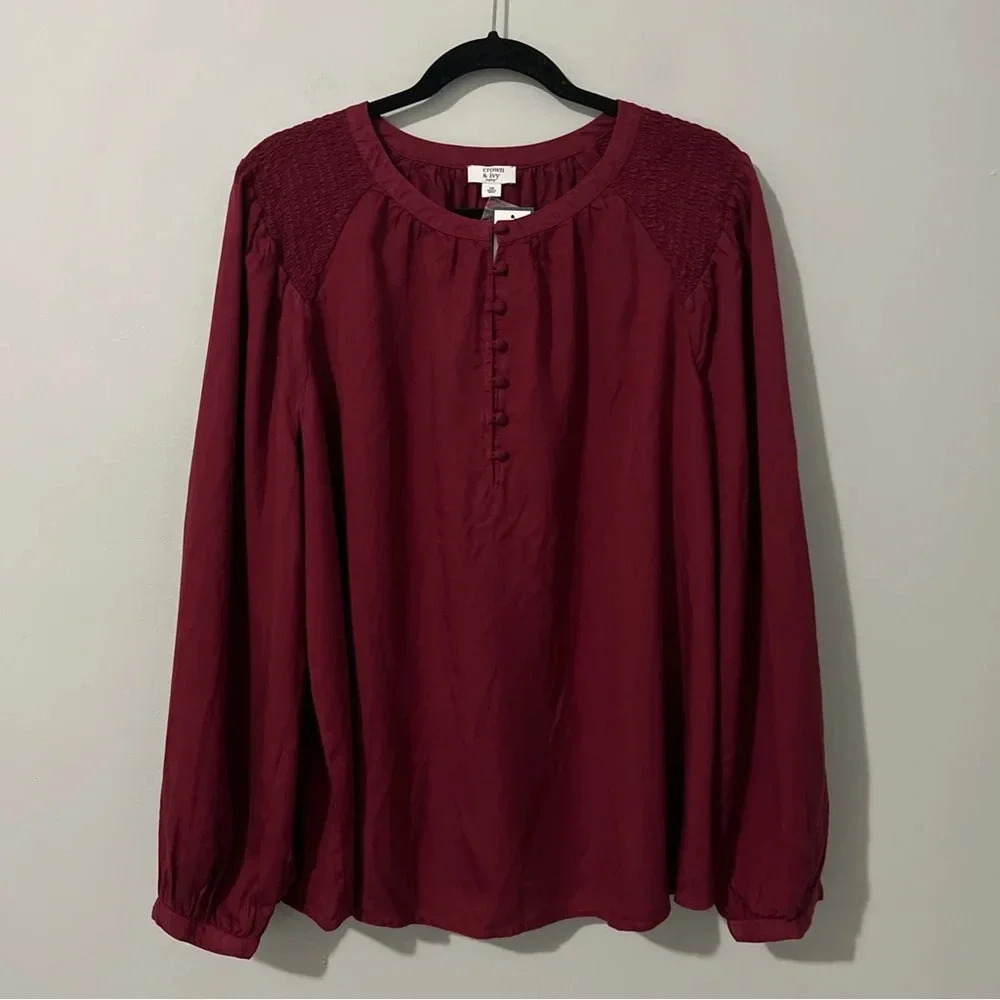 Crown Ivy Peasant Blouse Women’s XXL Red Cranberry Peasant Long Sleeve Button - Picture 3 of 14